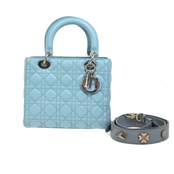 CHRISTIAN DIOR Logo Lady Cannage 2Way Shoulder Hand Bag Leather Blue - Picture 1 of 14